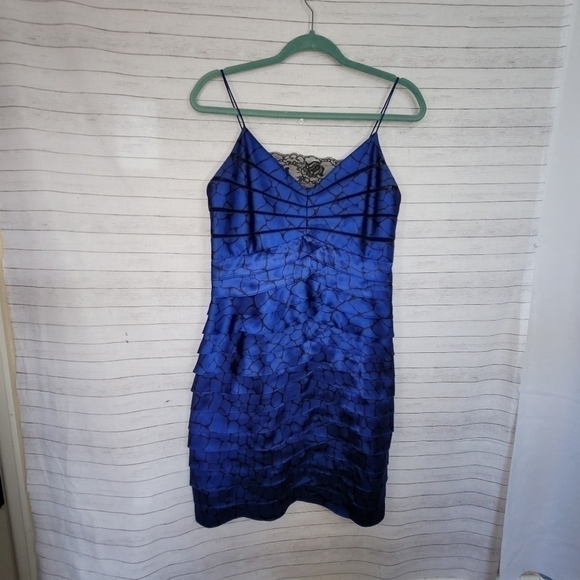ELIZA J TIERED RUFFLE SATIN ROYAL BLUE DRESS, sz 10 Petite - Picture 3 of 10